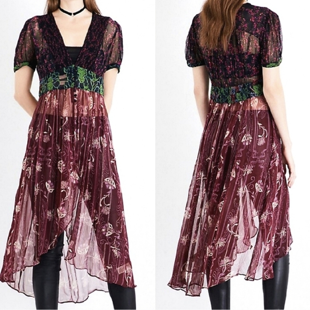 Free People Daisy Fields Sheer Floral Maxi Tunic Dress Size XS
